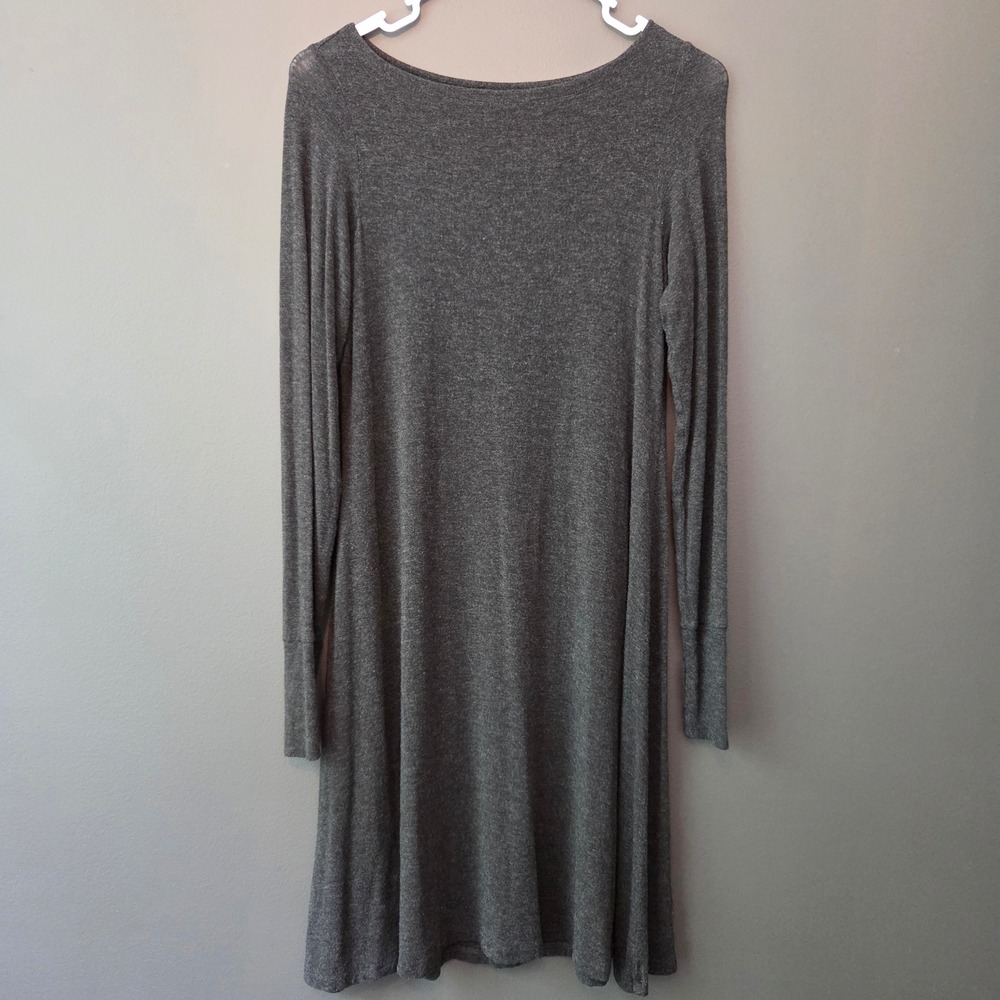 Eileen Fisher Petite Gray Viscose Knit A-Line Dress Long Sleeve Thumbholes Small
